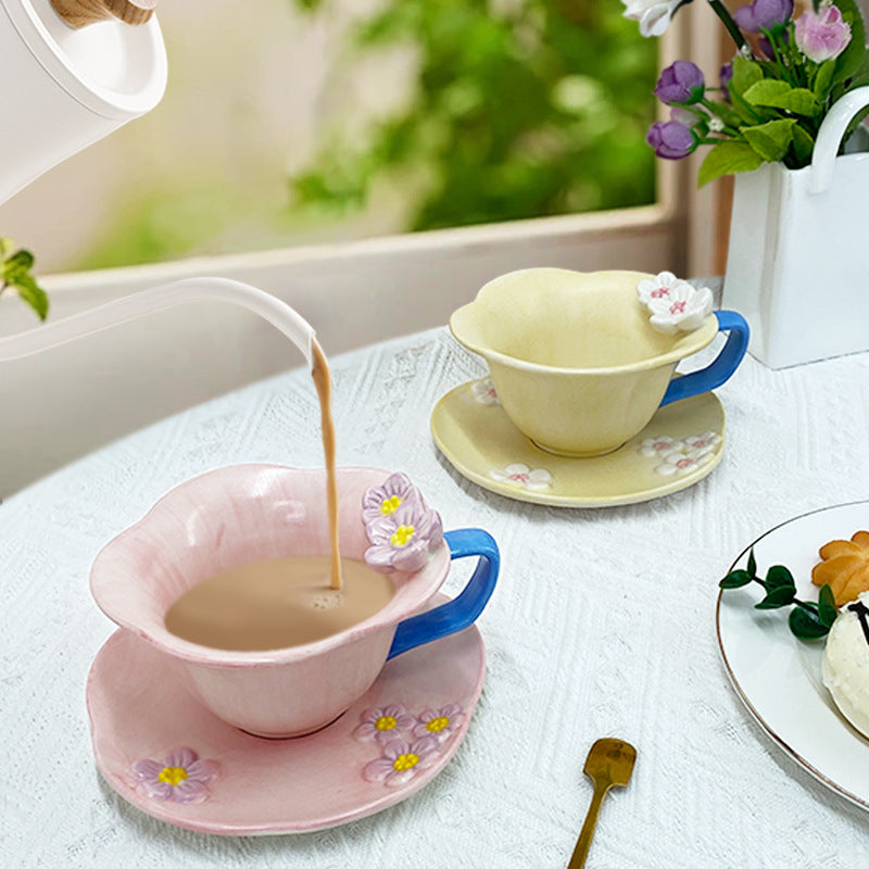 Ceramic Coffee Cup and Saucer Set, White Porcelain Floral Tea Mug with Handle, 6.1 oz