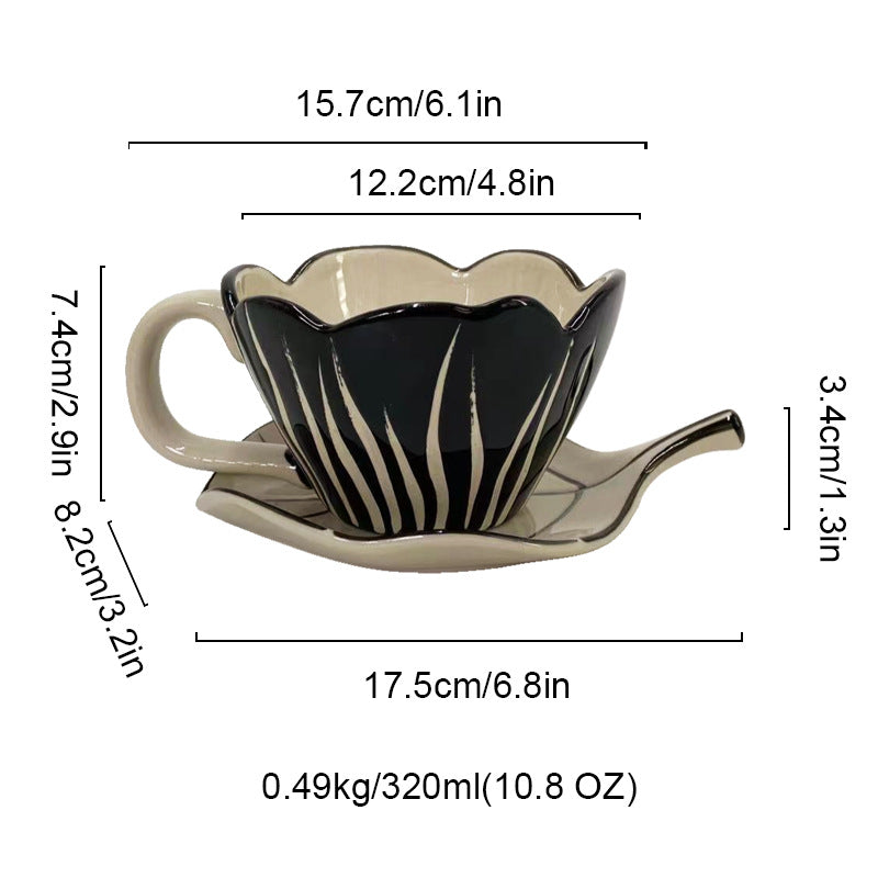 Tulip Shaped Ceramic Coffee Cup and Saucer Set, Floral Porcelain Tea Cup, 10.8 oz