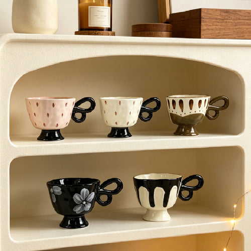 Ceramic Coffee Mug with Unique Handle, White Porcelain Floral Cup, 10 oz