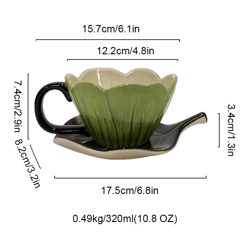 Tulip Shaped Ceramic Coffee Cup and Saucer Set, Floral Porcelain Tea Cup, 10.8 oz