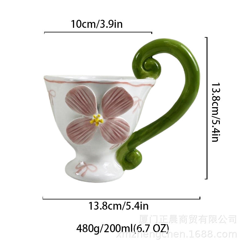 Ceramic Floral Coffee Mug with Handle, White Porcelain Teacup, 6.8 oz