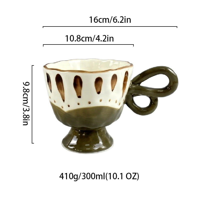 Ceramic Coffee Mug with Unique Handle, White Porcelain Floral Cup, 10 oz